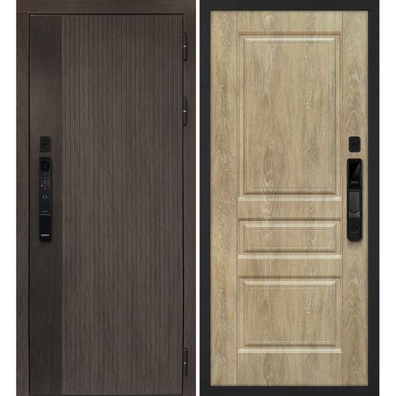Входная дверь Вертикаль смарт дымчатый камень дуб морёный панель фрезерованная дуб песочный