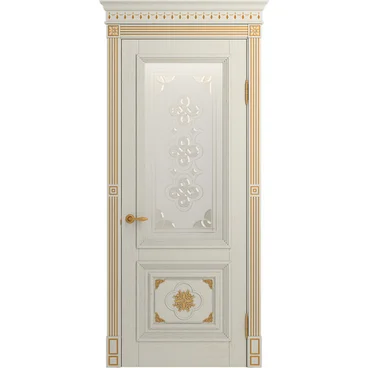Межкомнатная дверь массив дуба Viporte Монако белая эмаль патина золото остеклённая