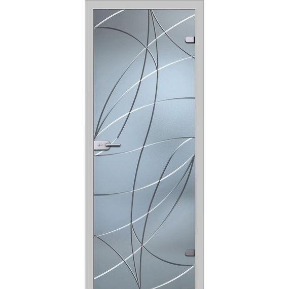 фотография стеклянной двери аврора белое сатинато с наличниками из экошпона в цвете манхеттен
