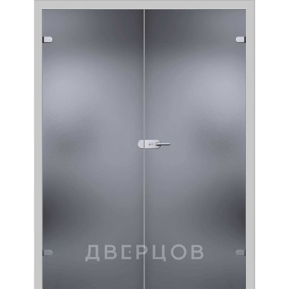 Фото стеклянной распашной двухстворчатой двери Лайт серое с коробкой и наличниками в цвете манхеттен