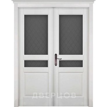 Межкомнатная распашная двустворчатая дверь массив ольхи ОКА Валенсия белая эмаль остекленная