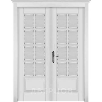 Межкомнатная дверь массив ольхи ОКА Лондон 1 белая эмаль распашная двустворчатая остеклённая