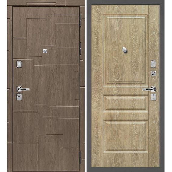 Входная дверь Домино дымчатая луна панель фрезерованная дуб песочный