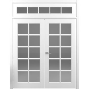 Двухстворчатая распашная дверь с верхней фрамугой Классика 5 белая со стеклом