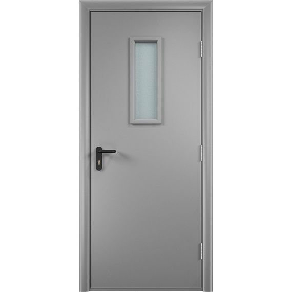 Фото одностворчатой ламинированной противопожарной двери со стеклом в цвете серый