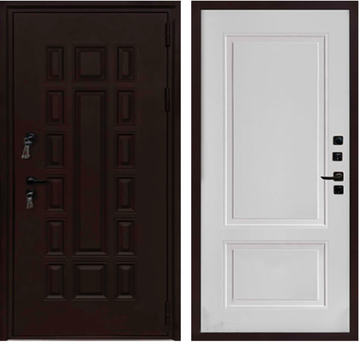 Входная уличная дверь Панцирь Термо букле коричневый ПВХ белый снег софт