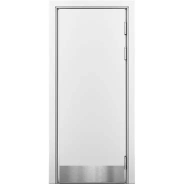 Маятниковая влагостойкая дверь белая с отбойной пластиной