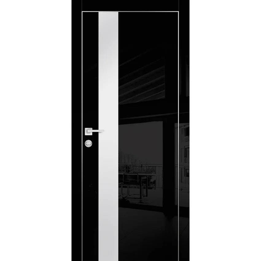 Фото межкомнатной двери экошпон HGX-10 чёрный глянец с алюминиевой кромкой с 4-х сторон стекло Matelac белый