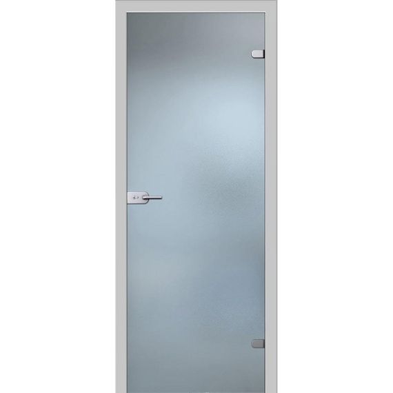 Фотография стеклянной двери лайт белое сатинато с телескопическими коробкой и наличниками