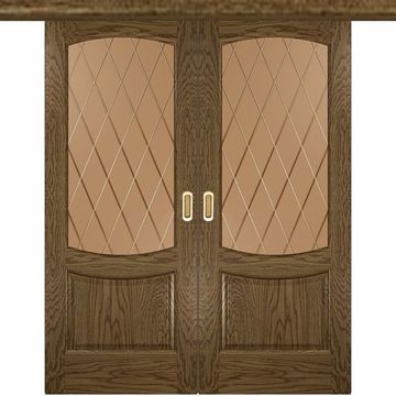 Межкомнатная двустворчатая дверь купе шпон Лаура 2 светлый морёный дуб со стеклом