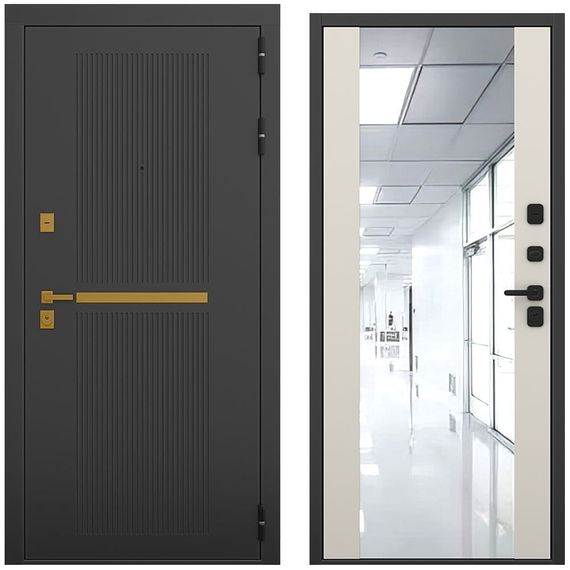 Входная дверь Артдеко чёрный силк панель зеркало Maxi силк грей