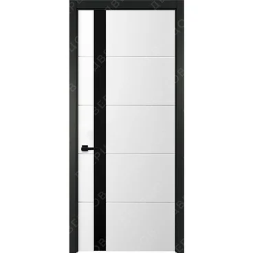 Межкомнатная белая дверь Геометрия 7 с чёрным наличником остеклённая