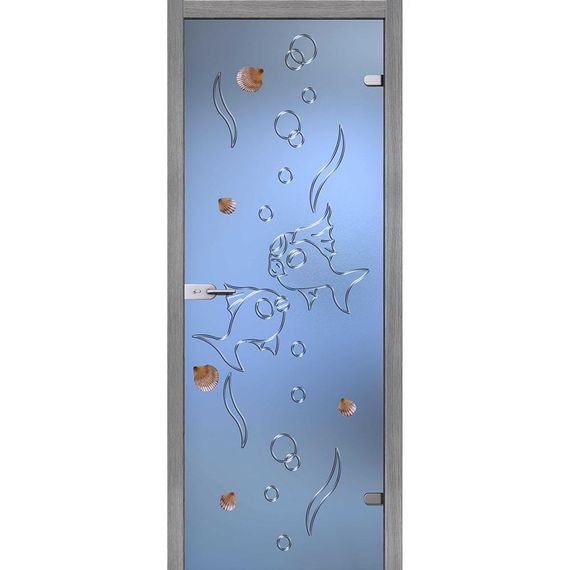 фотография стеклянной двери Елена белое сатинато с наличниками из экошпона в цвете грей