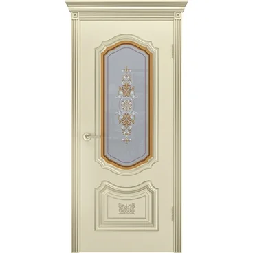 Межкомнатная дверь эмаль Соло R-0 В3 шампань патина белое золото со стеклом