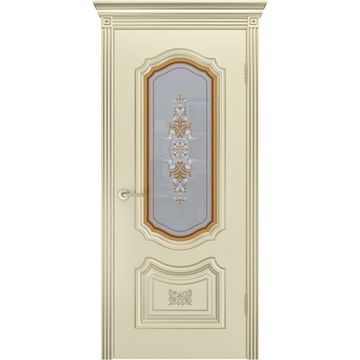 Межкомнатная дверь эмаль Соло R-0 В3 шампань патина белое золото со стеклом