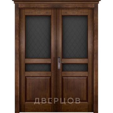 Межкомнатная распашная двустворчатая дверь массив ольхи ОКА Валенсия античный орех остекленная