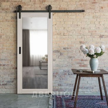 Амбарная дверь купе Лофт 501.2 белёный дуб с зеркалом