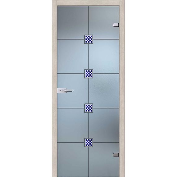 фотография стеклянной двери Глория белое сатинато с наличниками из экошпона в цвете капучино мелинга