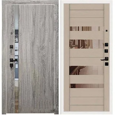 Входная дверь Тесла ПВХ дуб мелфорд грей софт панель ПВХ ясень капучино с зеркалом бронза