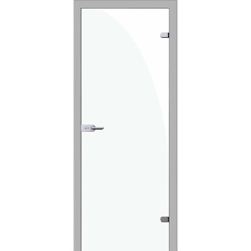 фотография стеклянной двери Акма Триплекс White с наличниками из экошпона в цвете манхеттен