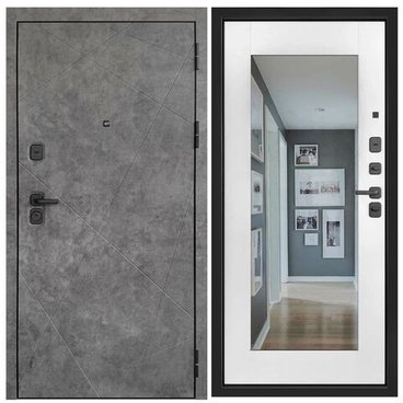 Входная стальная дверь Прогресс Лайт ПВХ тёмный бетон панель ПВХ белая шагрень с зеркалом