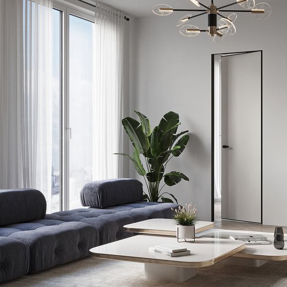 Скрытая дверь шпон дуба горизонт чёрная AL кромка открывание от себя