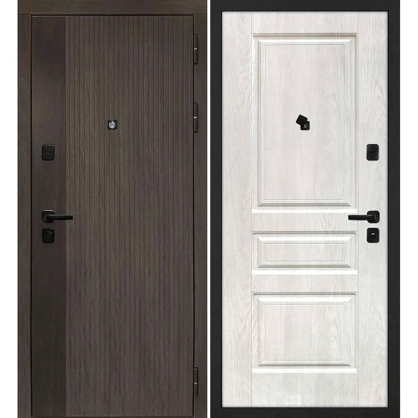 Входная дверь Вертикаль дымчатый камень дуб морёный панель фрезерованная дуб жемчужный