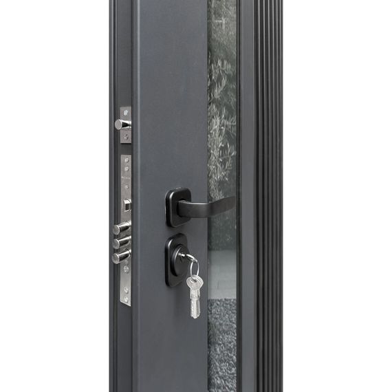 Входная уличная дверь RX-17 Термо муар RAL 7016 ПВХ белый матовый