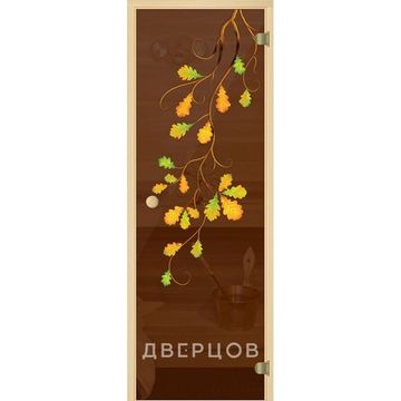 Дверь для сауны бронза прозрачная с рисунком Ветка дуба ручка кноб