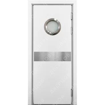 Маятниковая влагостойкая дверь Kapelli белая с иллюминатором и отбойной пластиной посередине