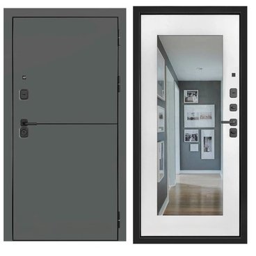 Входная стальная дверь SL-1 ПВХ графит мягкая шагрень панель ПВХ белоснежная мягкая шагрень с зеркалом