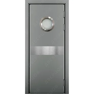 Маятниковая влагостойкая дверь Kapelli серый RAL 7040 с иллюминатором и отбойной пластиной посередине