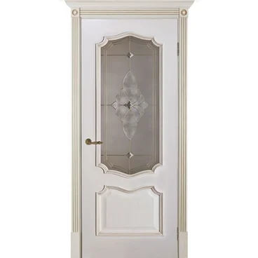 Межкомнатная дверь шпон Премьера белая патина стекло с витражом