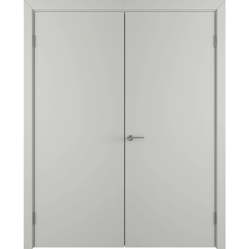 Фото глухой двухстворчатой распашной двери Флэт светло-серая эмаль