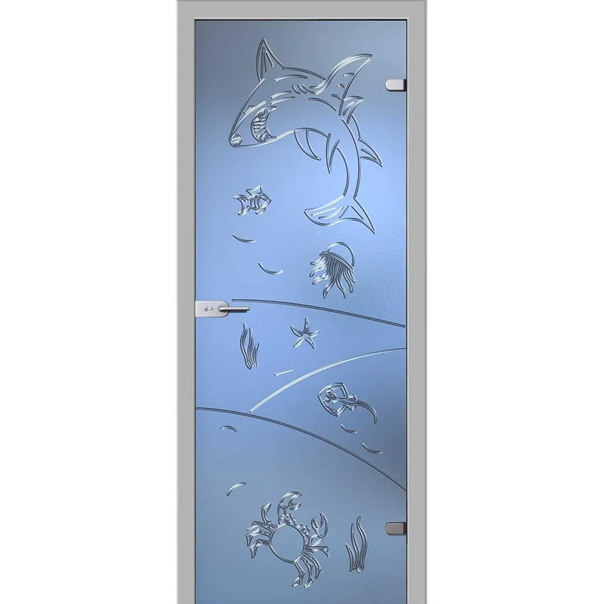 фотография стеклянной двери Море белое сатинато с наличниками из экошпона в цвете манхеттен