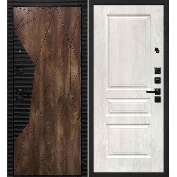 Входная дверь Лофт-2 дуб коньяк патина чёрный кварц панель фрезерованная дуб жемчужный