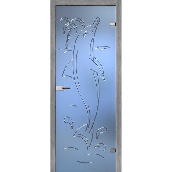 фотография стеклянной двери Акма Дельфин с наличниками из экошпона в цвете грей