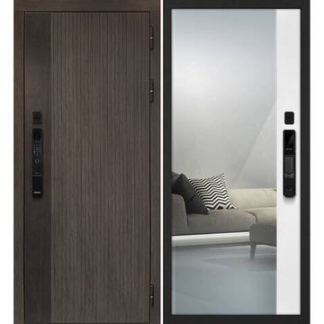 Входная дверь Вертикаль смарт дымчатый камень дуб морёный панель зеркало оптима макси