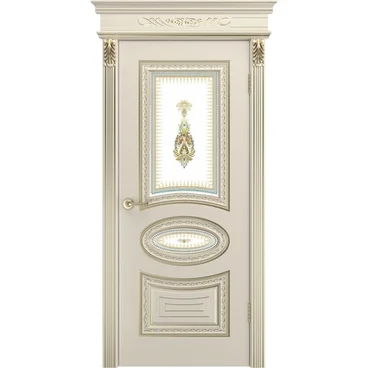 Межкомнатная дверь эмаль Лира В2 шампань патина белое золото со стеклом