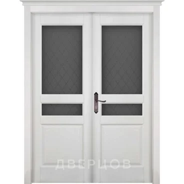 Межкомнатная распашная двустворчатая дверь массив ольхи ОКА Валенсия белая эмаль остекленная