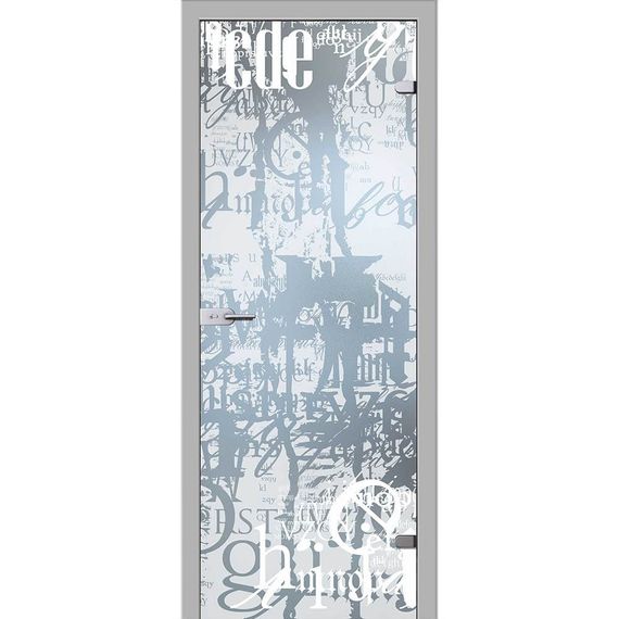 фотография стеклянной двери Граффити белое сатинато с наличниками из экошпона в цвете манхеттен