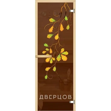 Дверь для сауны бронзовая с рисунком Ветка дуба ручка магнит