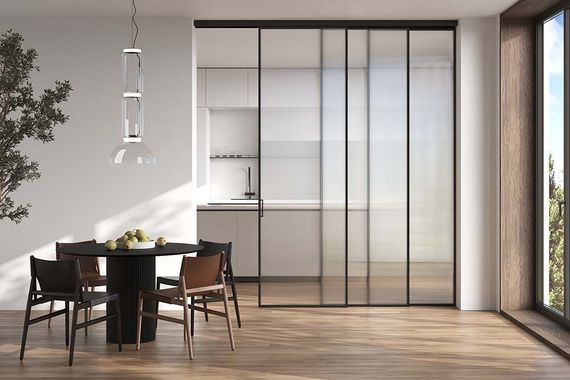 Алюминиевая стеклянная перегородка Каскад 1AG чёрный матовый стекло Мору прозрачное