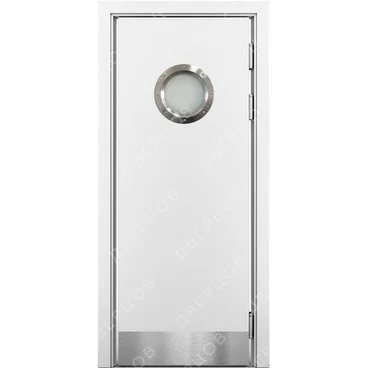 Маятниковая влагостойкая дверь Kapelli белая с иллюминатором и отбойной пластиной