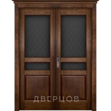 Межкомнатная распашная двустворчатая дверь массив ольхи ОКА Валенсия античный орех остекленная