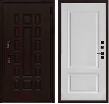 Входная уличная дверь Панцирь Термо букле коричневый ПВХ белый снег софт