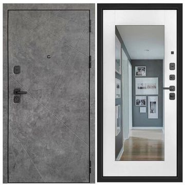 Входная стальная дверь Прогресс Лайт ПВХ тёмный бетон панель ПВХ белая шагрень с зеркалом