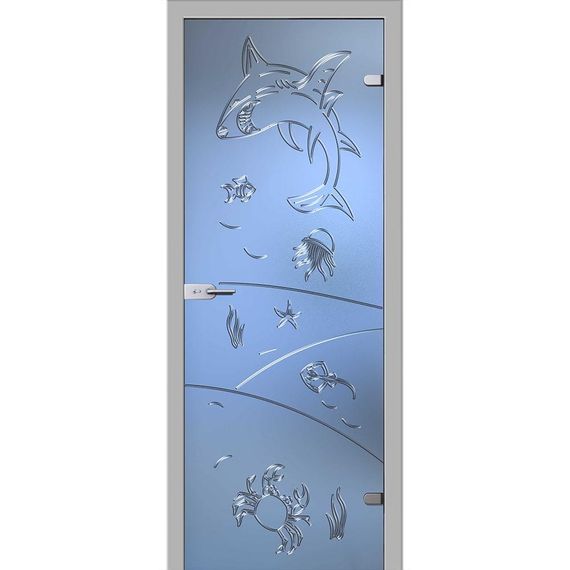 фотография стеклянной двери Море белое сатинато с наличниками из экошпона в цвете манхеттен