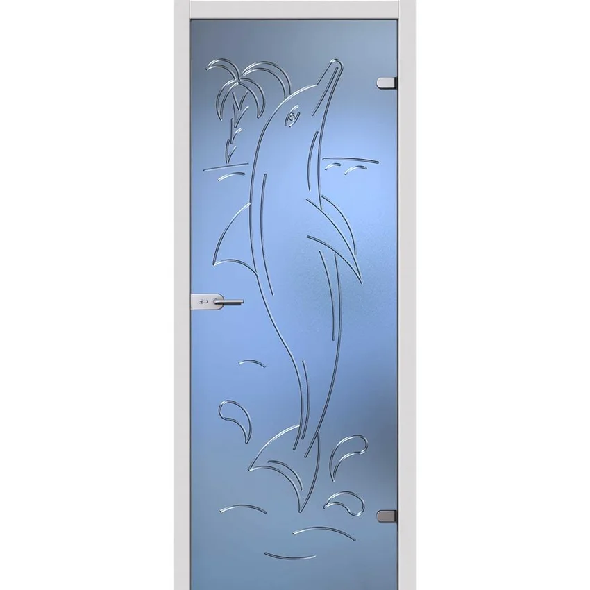 фотография стеклянной двери Акма Дельфин с наличниками из экошпона в цвете аляска