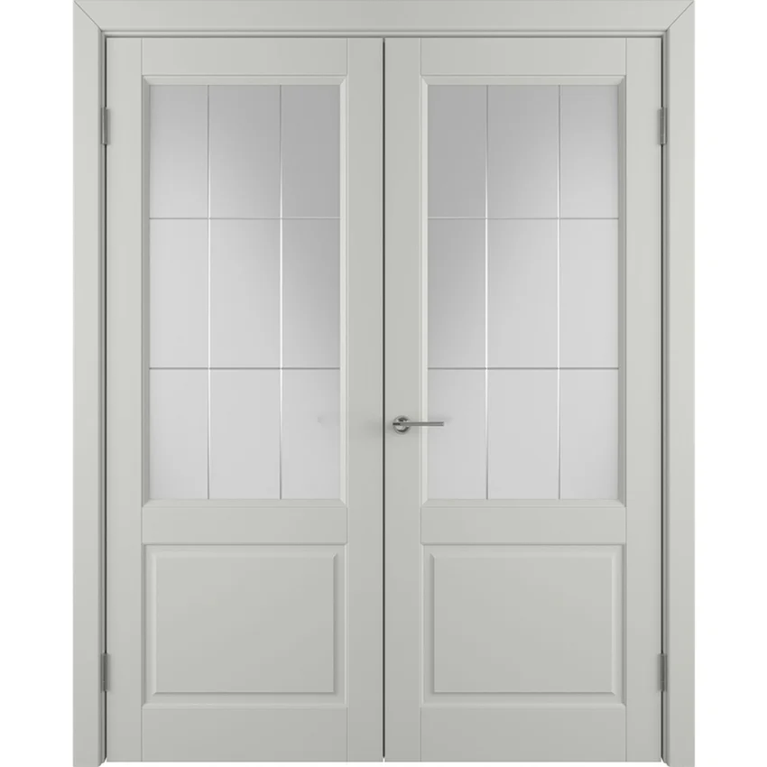 Фото двухстворчатой распашной двери Патриция светло-серая эмаль со стеклом
